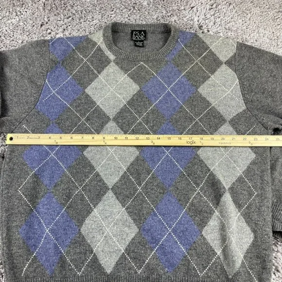 Jos A Bank Crewneck Sweater Mens Size Large Gray & Blue Argyle Lambswool Blend - Picture 6 of 9